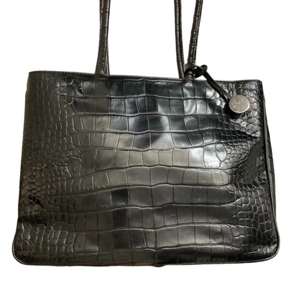 Furla black embossed leather multi compartment tote bag